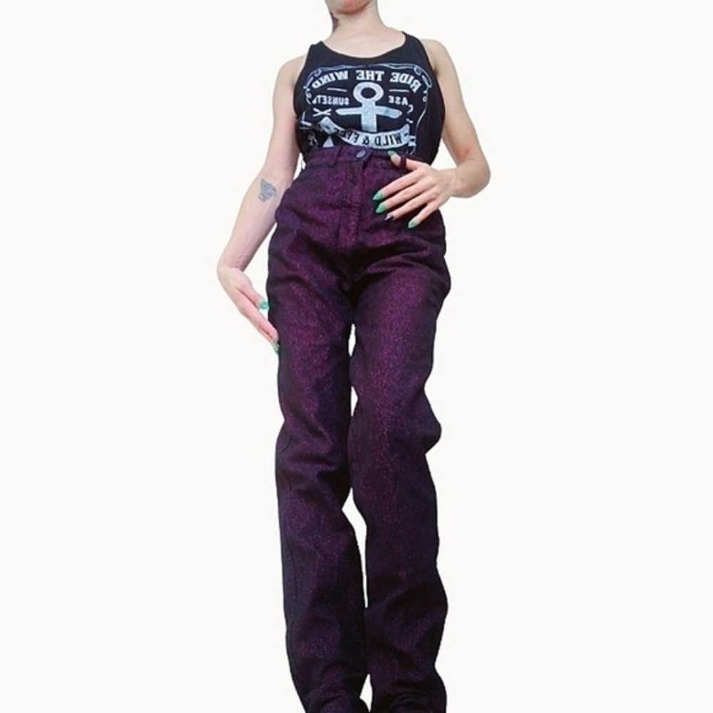 VINTAGE extreme high waist pink black very sparkly straight leg jeans size 29